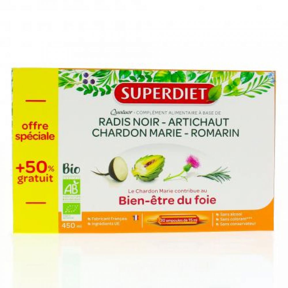 Superdiet - Quatuor Radis noir Artichaut Chardon marie Romarin - Ampoules