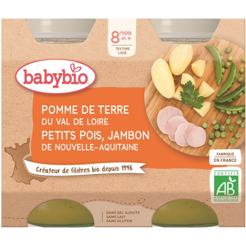 Babybio - Pomme de terre, Petits pois, Jambon de France - dès 8 mois - 2x200g