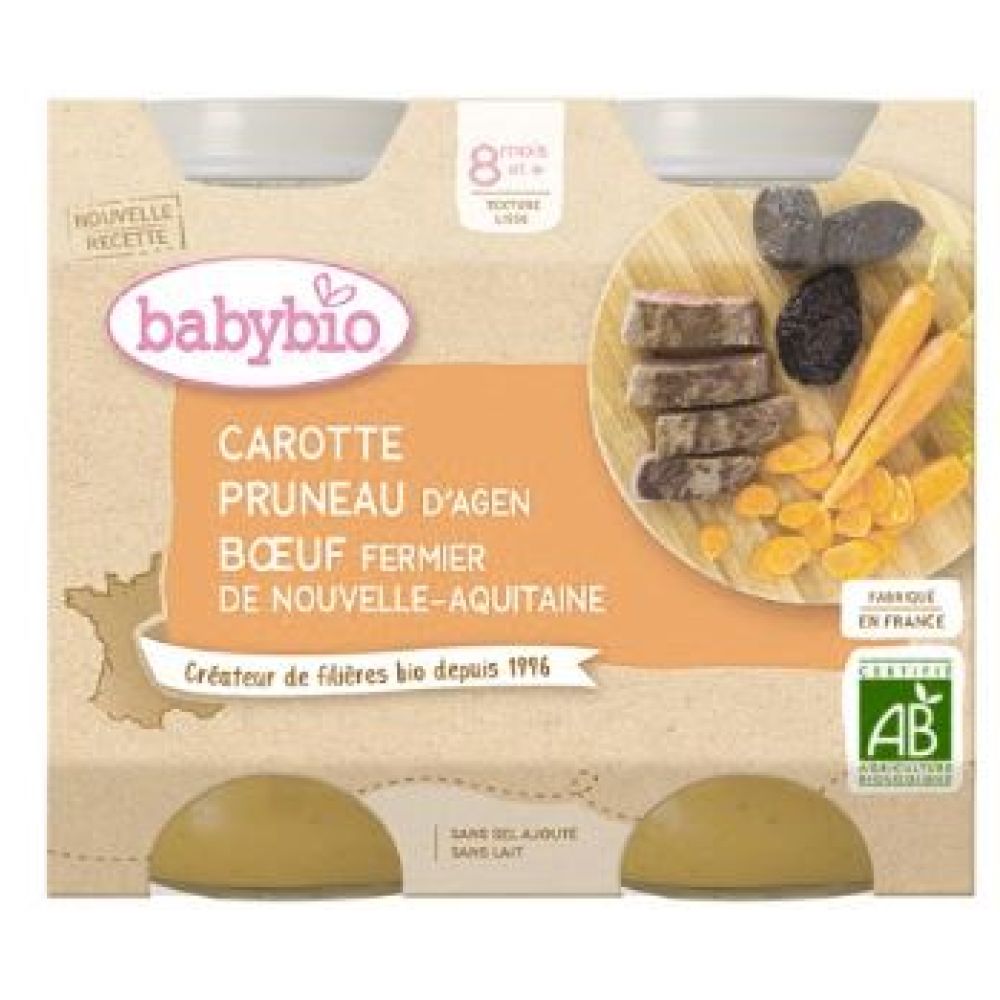 Babybio - Carotte, Pruneau, Bœuf fermier d'Aquitaine - dès 8 mois - 2x200g