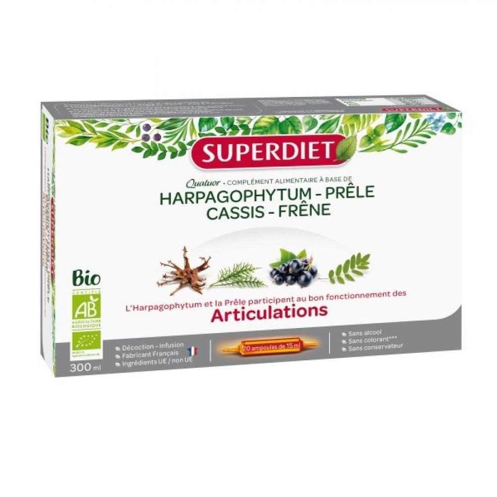 Superdiet - Quatuor Harpagophytum Prêle Cassis Frêne - 20 ampoules 15 ml