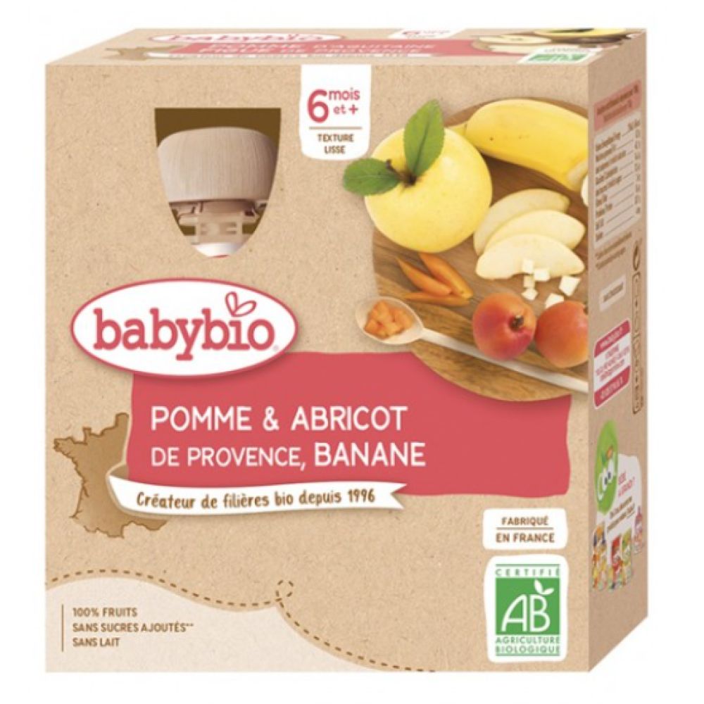 Babybio - Pomme, Abricot d'Occitanie, Banane - dès 6 mois - 4x90g