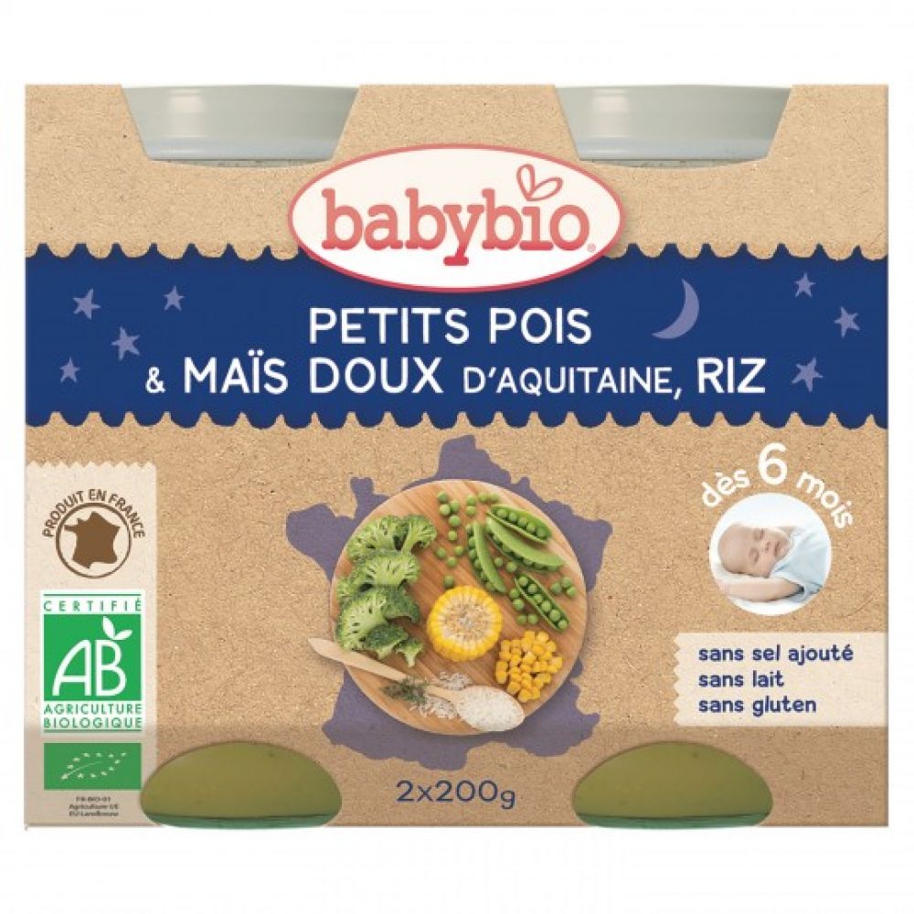 Babybio - Petits pois, maïs doux d'Aquitaine, riz de Camargue - dès 6 mois - 2 x 200 g