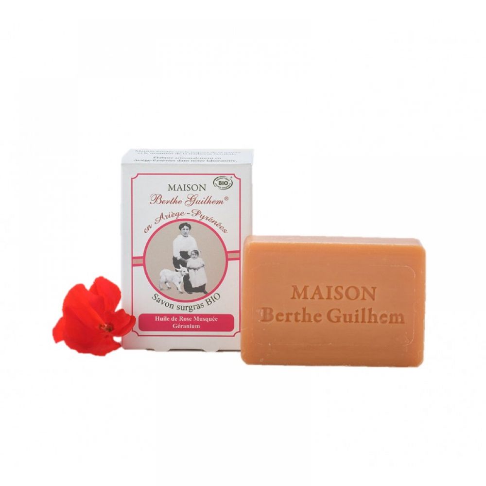 Maison Berthe Guilhem - Savon surgras bio Lait de chèvre rose musquée géranium - 100 g