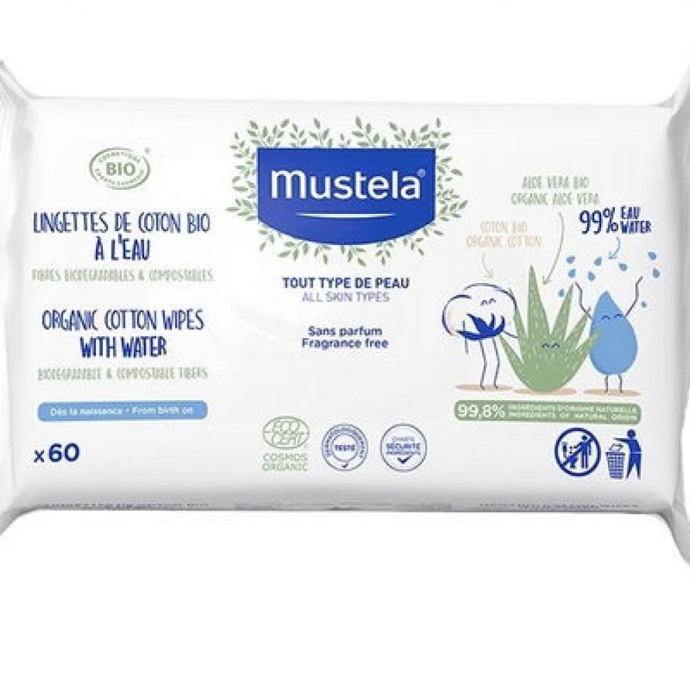 Mustela - Lingettes de coton Bio à l'eau - 60 lingettes