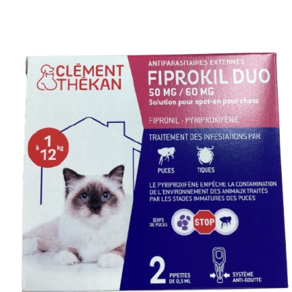 Clement Thékan - Fiprokil duo 50mg/60mg fipronil Pyriproxifène chat - 2 pipettes