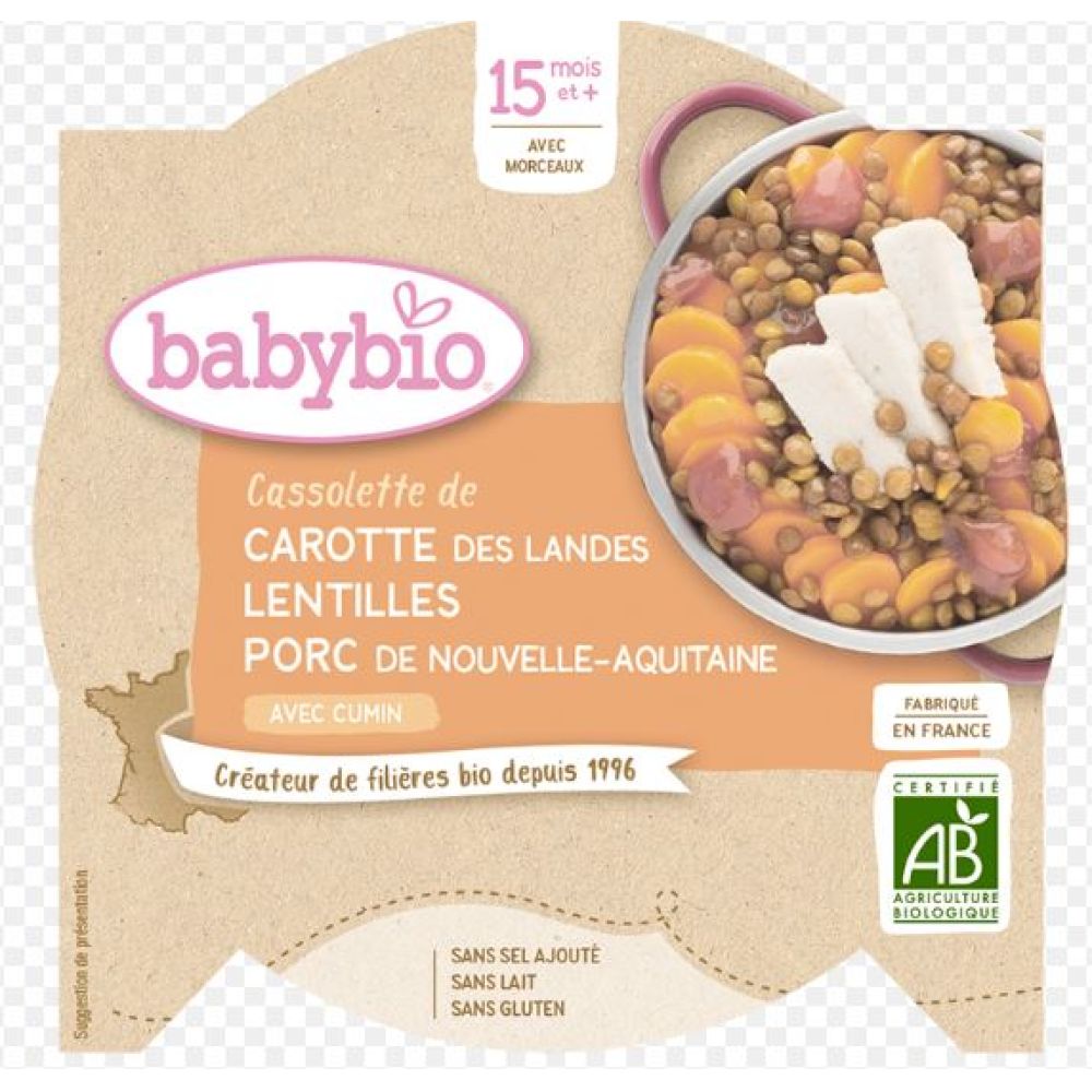 Babybio - Cassolette de Carotte Lentilles du Gers, Porc de Corrèze - dès 15 mois - 260g