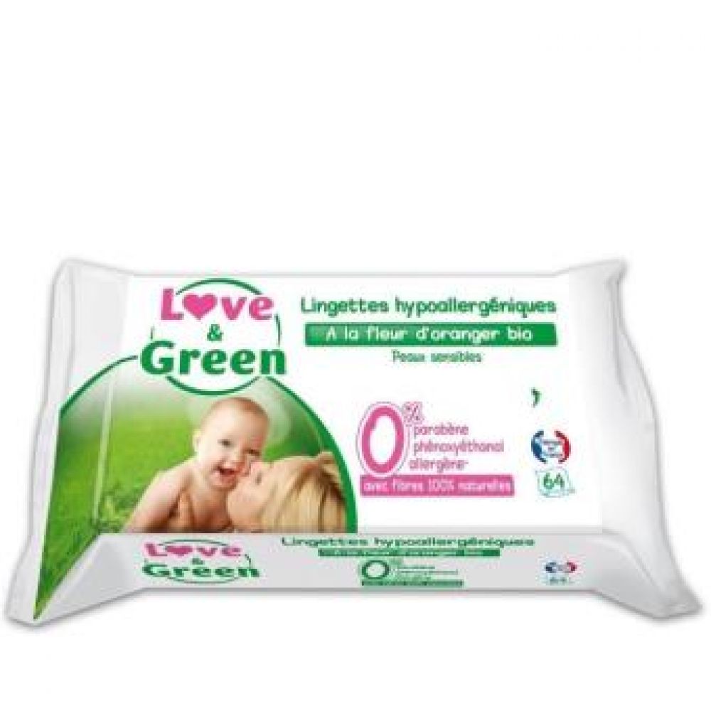 Love & Green - Lingettes à la fleur d'oranger - 64 lingettes