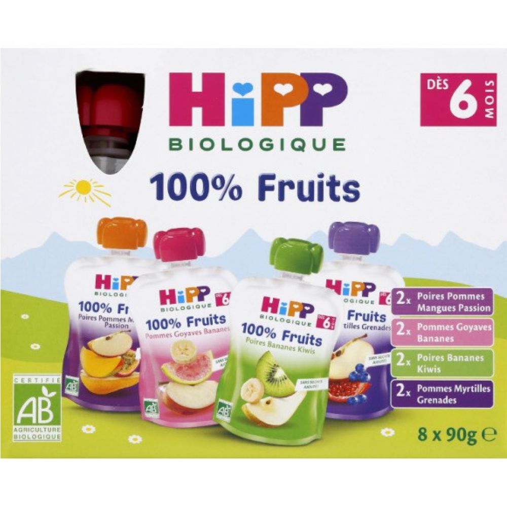 HiPP - Gourdes 100 % fruits 8 x 90 g - dès 6 mois