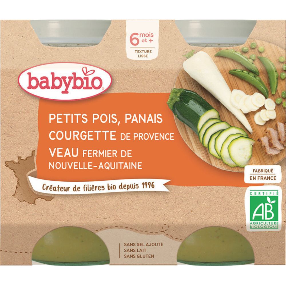 Babybio - Petits pois, panais, courgette Veau fermier d'Aquitaine - dès 6 mois - 2x200g