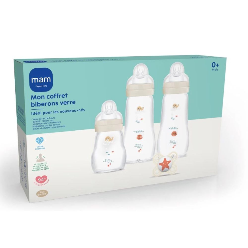 Mam - Mon premier coffret biberons verre & sucette - 0mois+