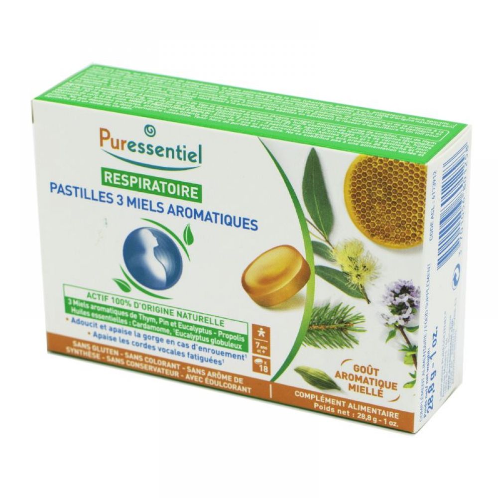 PURESSENTIEL Respiratoire Pastilles 3 Miels Aromatiques - 18 Pastilles