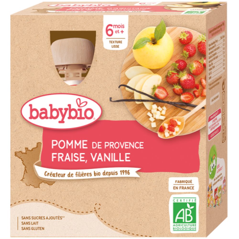 Babybio - Pomme d'Aquitaine Fraise, Vanille dès 6 mois - 4x90g