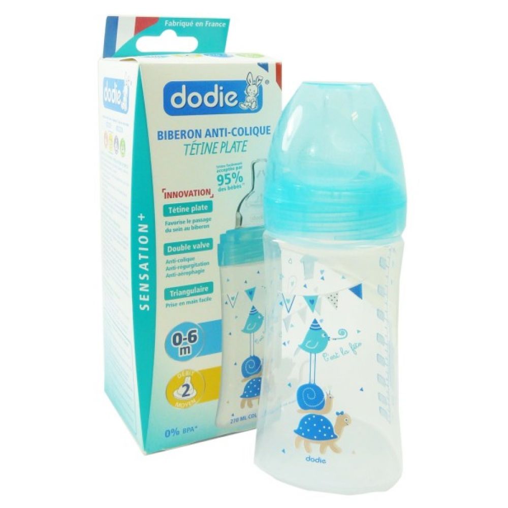 Dodie - Biberon anti-colique à tétine plate 0-6mois débit 2 - 270 ml