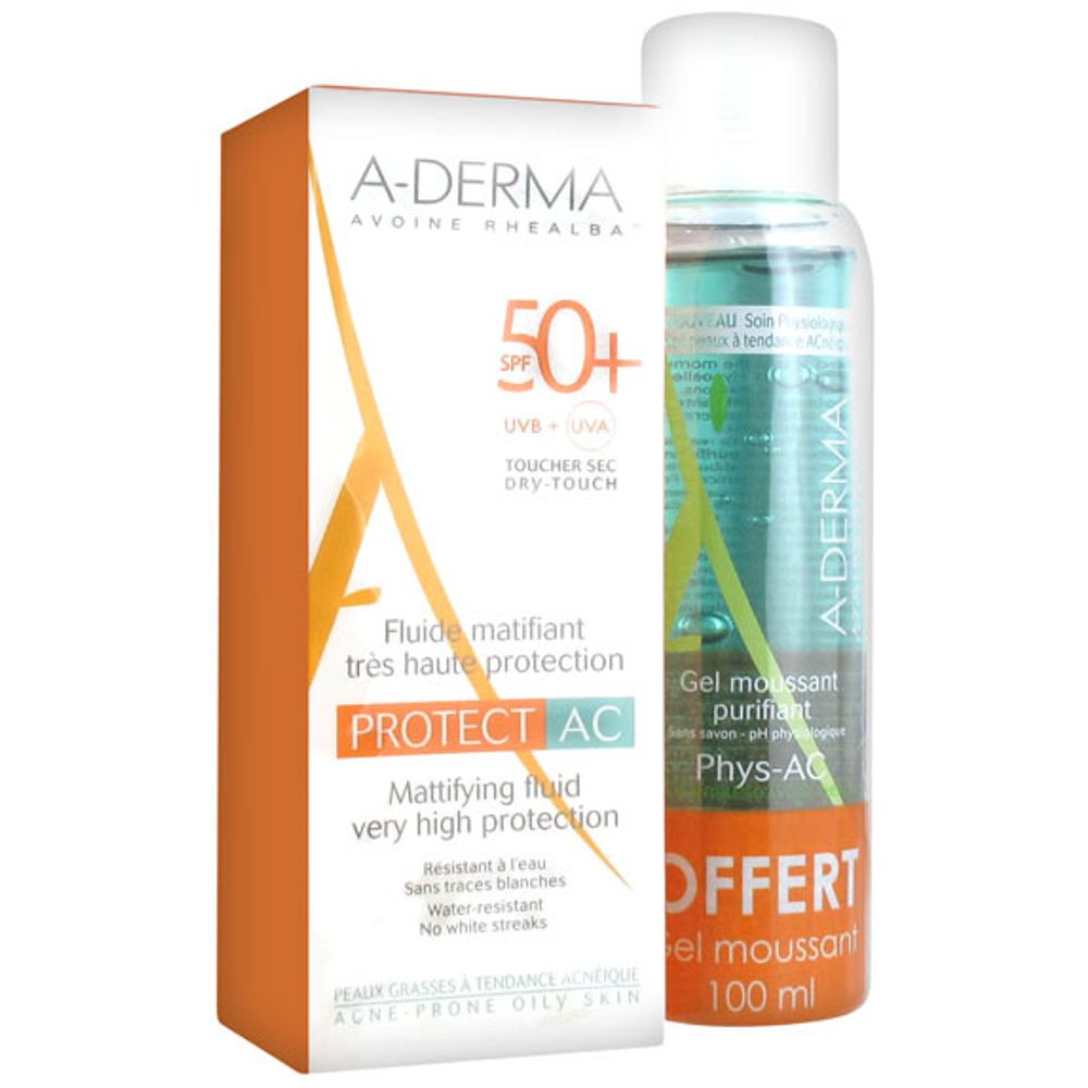 A-Derma - Fluide matifiant 50+ Protect AC 40ml + gel moussant 100ml offert