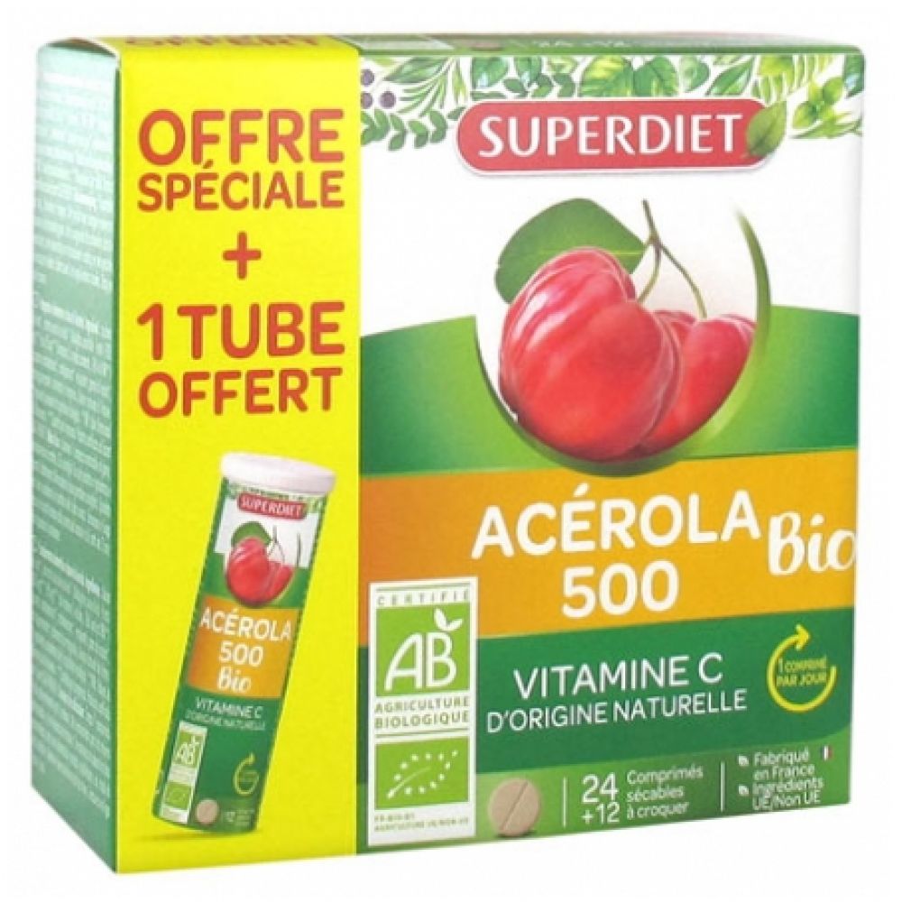 Superdiet - Acérola 500 Bio - 24+12 comprimés à croquer