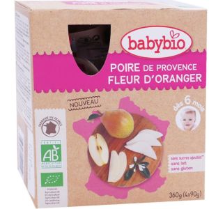 Babybio - Gourdes Poire fleur d'oranger - 4 x 90g - dès 6 mois