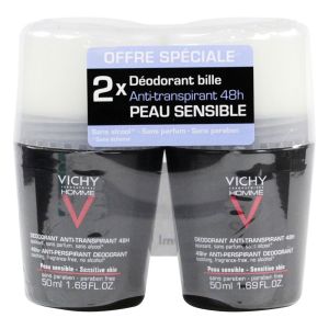 Vichy - Déodorant à bille 48h homme anti-transpirant peau sensible - 2x50ml