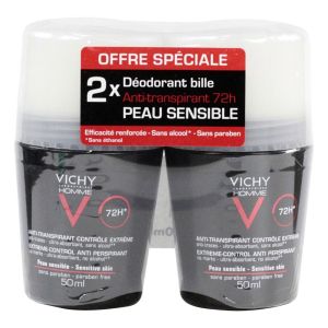 Vichy - Déodorant à bille 48h homme anti-transpirant peau sensible - 2x50ml